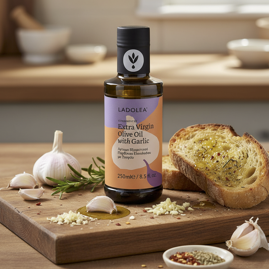 Ladolea ypač tyras alyvuogių aliejus su česnakais (250 ml)